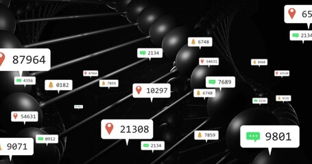 Showing DNA double helix floating in virtual space with spheres and rods, with floating data labels