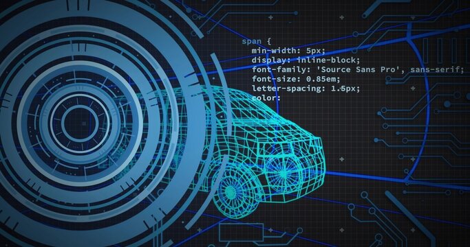 Fototapeta Displaying neon-blue wireframe car model in digital interface, with HUD, CSS code, and circuit grid