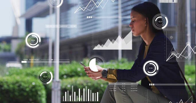 Analyzing charts, businesswoman tapping smartphone in urban plaza, with data overlays, copy space