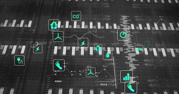 Displaying dashboard plotting bar and line on large monitor, with green CO? and wind turbine icons