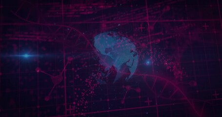 Spinning 3D globe floating in virtual cyberspace, with red-pink grid, nodes and double-helix strand