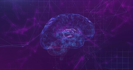 Floating holographic brain glowing in digital network, highlighting nodes, filaments and gridlines
