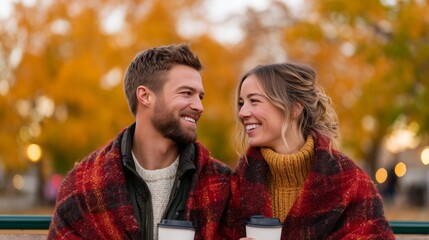 Fototapeta premium Couple wrapped in plaid blanket, enjoying warm drinks while sitting on a park bench surrounded by autumn foliage, creating a cozy and intimate atmosphere