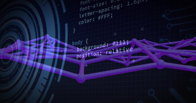 Displaying purple 3D wireframe graph over dark grid UI showing CSS code panel and circular HUD