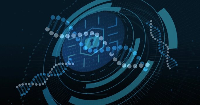 Displaying central hexagonal lock interface within cyberspace, with DNA helix and binary streams - Powered by Adobe