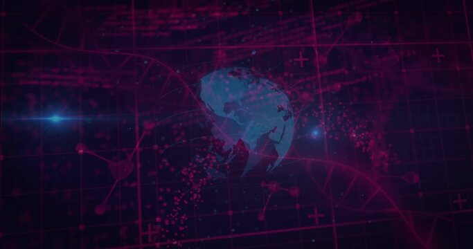 Spinning 3D globe floating in virtual cyberspace, with red-pink grid, nodes and double-helix strand