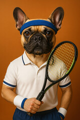 Playful French Bulldog in Tennis Attire Holding Racket Against Orange Background