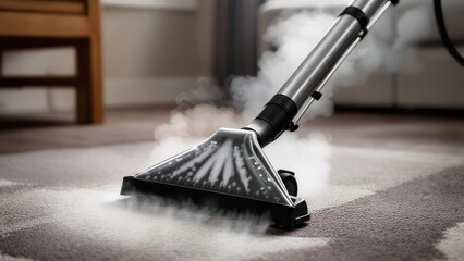 Steam cleaner head spraying steam onto a carpet for deep cleaning.
