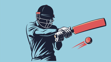 Illustration of a batsman hitting a cricket ball with a bat wearing a helmet and gloves on blue background
