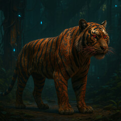Majestic Tiger Stands in Enchanted Forest with Glowing Lights