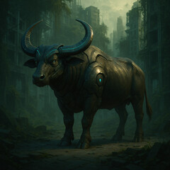 Robotic Bull in an Abandoned Urban Landscape with Futuristic Touches