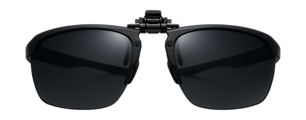 Sporty clip-on sunglasses featuring a wraparound style and dark tinted lenses.