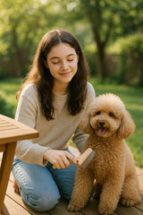 Girl Grooming Cute Dog in Sunny Backyard on a Warm Day