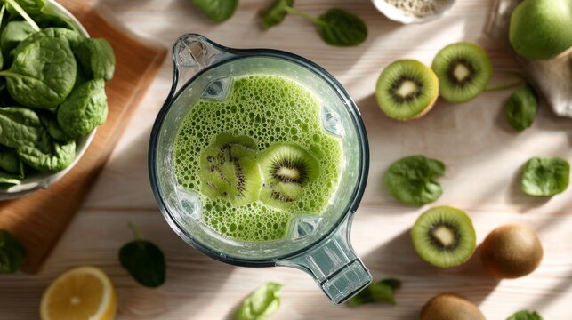 A vibrant green smoothie made with fresh spinach, kiwi slices, and lemon, showcasing healthy ingredients on a wooden table.