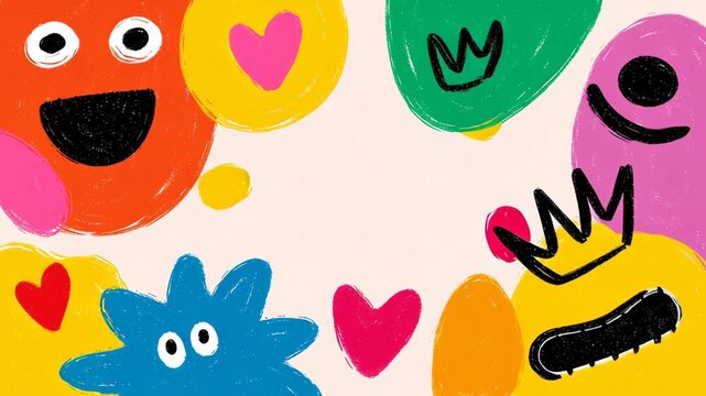 Colorful animated characters with playful expressions and vibrant shapes, gradually shifting focus and enhancing visual engagement, showcasing a lively scene filled with joy and creativity