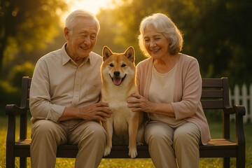 Happy senior couple with Shiba Inu dog in warm sunset setting