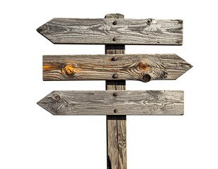 Rustic Wooden Signpost with Directional Arrows on White Background.