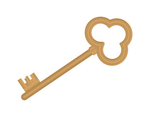 Golden old ornate key. Antique victorian medieval item with ornament. Equipment for opening lock. Retro design element. Real estate symbol, decorative vintage key. Flat vector illustration isolated