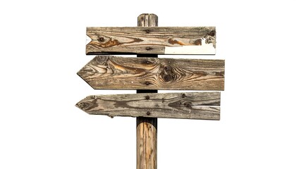 Rustic Wooden Signpost with Directional Arrows on White Background.