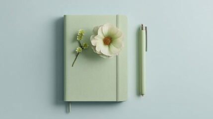 Minimalistic green notebook with a flower and pen, perfect for creative writing and journaling.