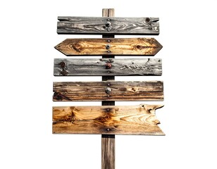 Rustic Wooden Signpost with Multiple Directional Arrows on White Background.