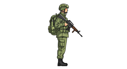 A soldier in green fatigues stands holding a rifle with a backpack and helmet