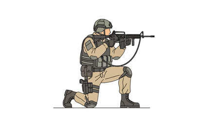 A soldier in tactical gear is kneeling and aiming an assault rifle