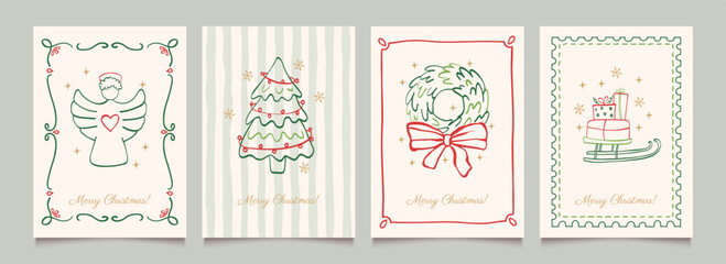 Set of Merry Christmas hand drawn cards. Backgrounds with frames and decorations. Holiday poster, menu, invitation. Cute whimsical vintage doodle ornament. Vector illustration.