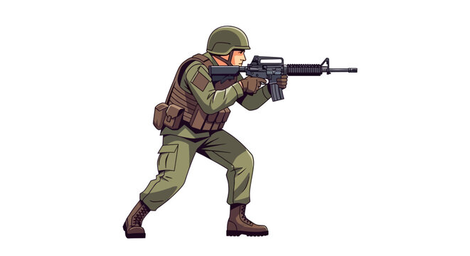 A soldier in combat gear aims a rifle ready for action