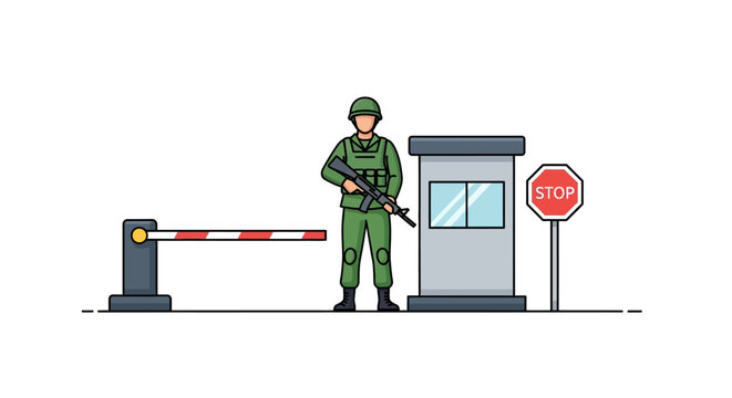 A soldier stands guard at a checkpoint with a booth stop sign and barrier