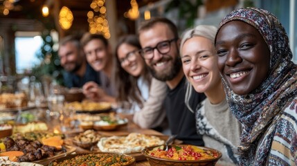 Diverse group of friends enjoying meal together at festive dinner table