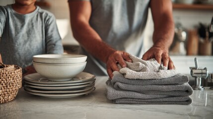 Father and child folding kitchen towels together by the sink