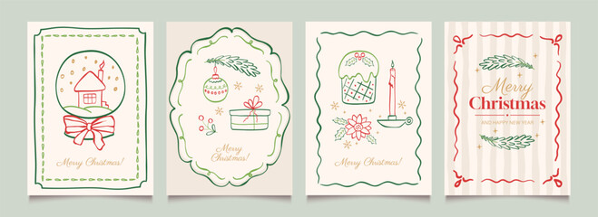 Set of Merry Christmas hand drawn cards. Backgrounds with frames and decorations. Holiday poster, menu, invitation. Cute whimsical vintage doodle ornament. Vector illustration.