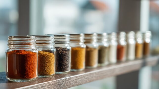 Glass spice jars with various colorful ground spices lined up on sunny windowsill