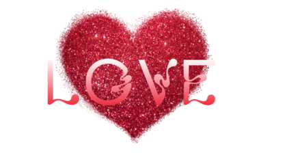 Red Glitter Heart with Stylized LOVE Text Overlay, Sparkly Valentine's Day Design Element, Abstract Shiny Love Symbol