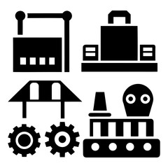 Clean factory and conveyor icon set — industrial process on white background.