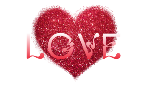 Red Glitter Heart with Stylized LOVE Text Overlay, Sparkly Valentine's Day Design Element, Abstract Shiny Love Symbol