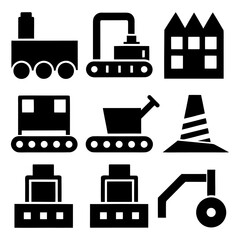 Flat design factory and machine process icons on white background.