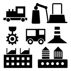 Manufacturing process — conveyor, factory, and machine on white background.