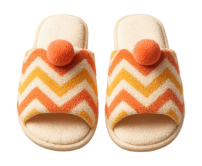 Terry slippers with a chevron design and decorative pom-poms.