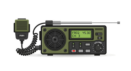 Fototapeta premium An olivegreen radio with a mic is set against a white backdrop focusing on frequencychannel display volume knob