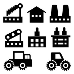 Industrial production concept — factory and conveyor machine isolated on white.