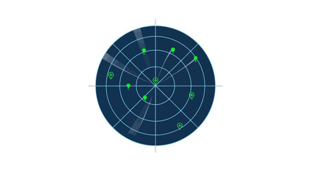 Blue circular radar display with bright green markers lines and airplane symbols