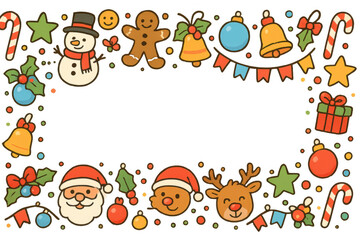 Obraz premium Christmas holiday border with santa claus, reindeer, snowman, gingerbread man, candy cane, and festive elements