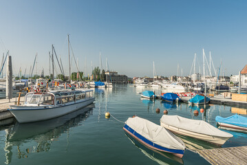 Fototapeta premium Harbor with boats, Romanshorn, Lake Constance, Canton of Thurgau, Switzerland