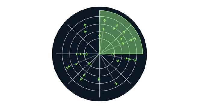 Circular radar display with green icons and arcs showing direction