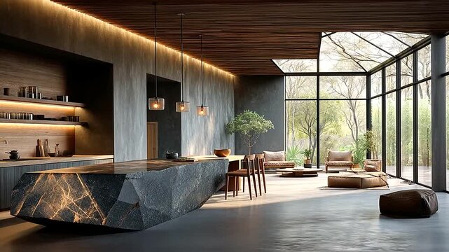 Modern interior design with large glass windows showcasing a stylish living space with natural light