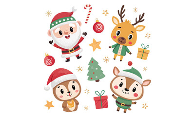 Fototapeta premium Cute Christmas Illustrations Collection – Santa Claus, Snowman, Reindeer, Christmas Trees, Gifts & Holiday Decorations