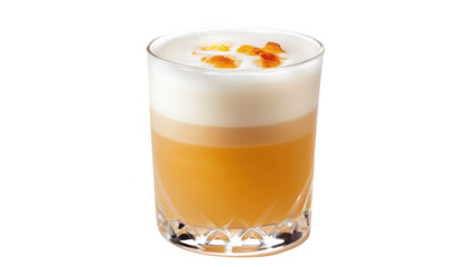 A foamy beverage in glass cup on transparent background