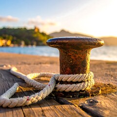 Rusty Mooring Bollard with Rope on a Wooden Pier.